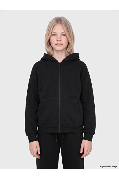 LC Waikiki Lcw Kids Black Hooded Thick Girls' Zippered Sweatshirt