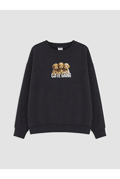 LC Waikiki Navy Blue Printed Girl's Sweatshirt
