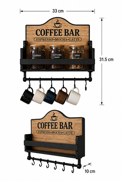 Mim Life Duvar Rafı Kupa Bardak Askılı Mutfak Rafı Coffee Bar Kahve Köşesi Ahşap Dekoratif Düzenleyici Raf
