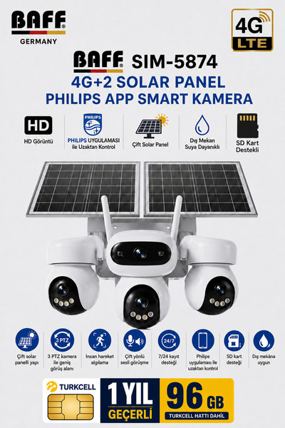 BAFF GERMANY SIM-5874 Çift Solar Panelli 4g Sım Kartlı 3 Lensli Ptz Akıllı Dı...