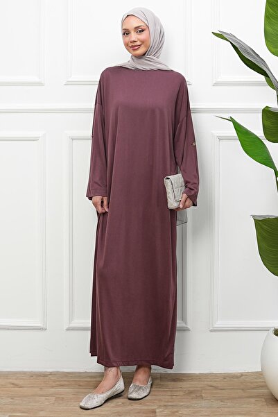 İmajButik Φόρεμα Oversize Modal με μανίκια σε χρώμα δαμασκηνί και διπλό στρίφωμα