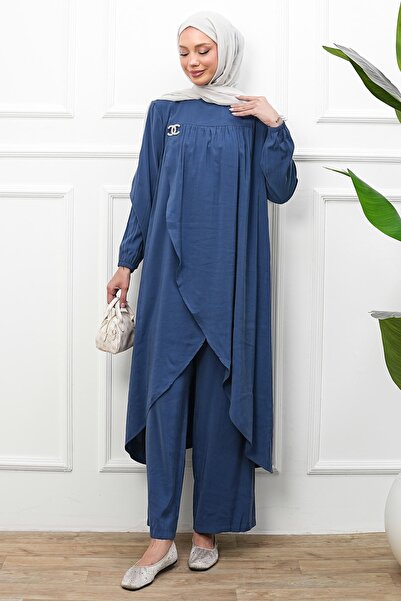İmajButik Costum tunică cu croială asimetrică, elastică, albastru marin, cu p...