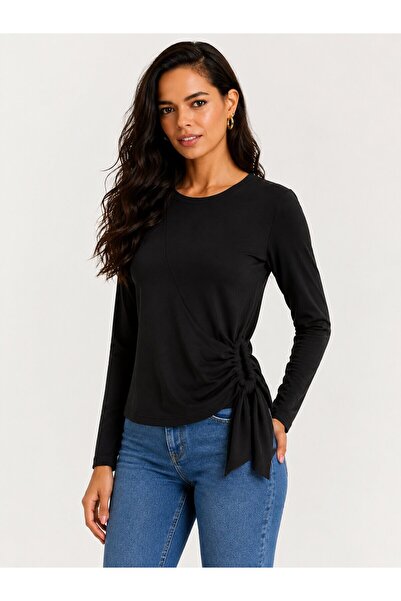 CARLA MARA Women's Black Side Ruched Detailed Long Sleeve Blouse – Stylish an...