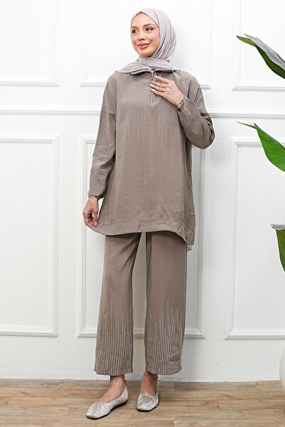 İmajButik Mink Collar Zippered Tunic and Pants Set with Stone Detail