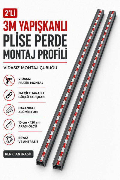 PERDELİNKA 2'li 3M Yapışkanlı Plise Perde Montaj Profili Vidasız Montaj Çubuğ...