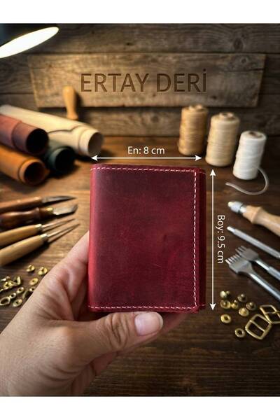 Ertay Deri 100% Genuine Leather Handmade Red Viral Multi-Section Wallet & Card Holder