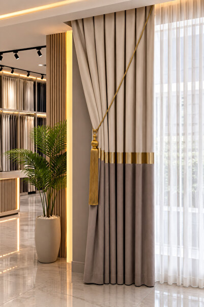 Emuz Gold Şerit Detaylı Çift Renk 1/3 Sık Pile Açık Krem Vizon Fon Perde – TE...