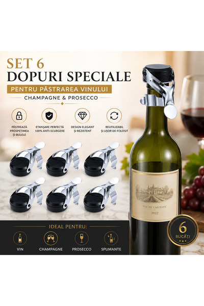 Nonbranded Set 6 Dopuri Premium pentru Vin, Champagne și Prosecco – Închidere Etanșă, Reutilizabile