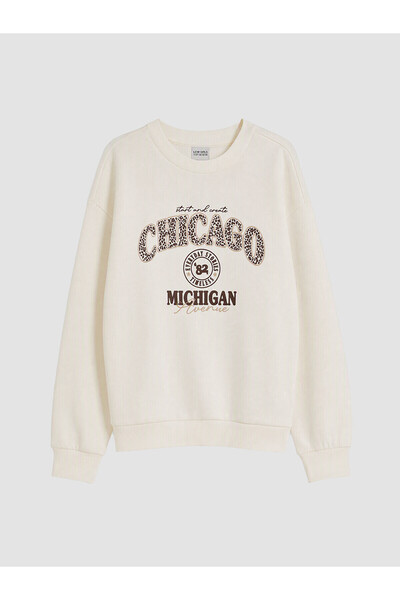 LC Waikiki Lcw Kids Ecru Chicago Printed Girls' Thick Sweatshirt