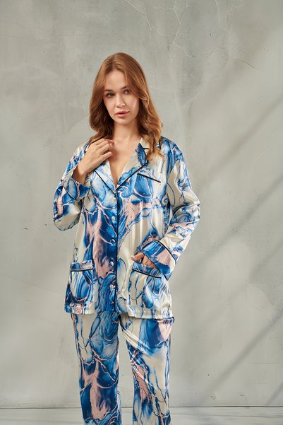 DAWN LİNE Women's Satin Shirt Long Pajama Set Aura - Abstract Pattern Blue Br...
