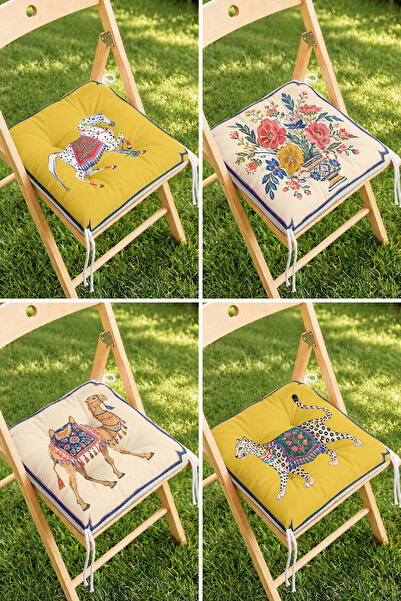Home Vintage Leopar, Deve ve Çiçekli Sepet Desenli 4'lü Pofidik Sandalye Mind...