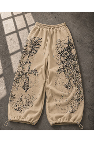 Gofeel Tech Skull Head Detailed Baggy Unisex Sweatpants (3 Threads)