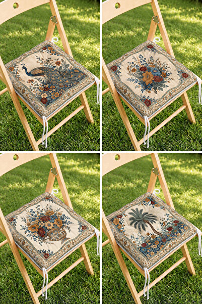 Home Krem Zeminli Vintage Tavus Kuşu, Çiçek, Vazo ve Palmiye Desenli 4'lü Pof...