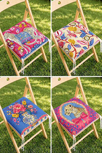 Home Leopar Figürlü, Büyük Fiyonklu, Renkli Çiçek ve Bitki Desenli Retro 4'lü...