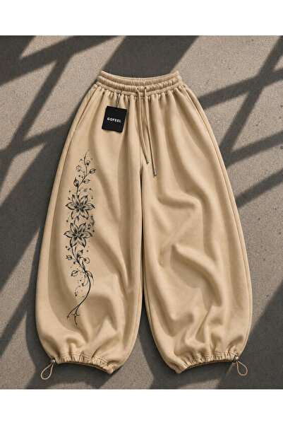 Gofeel Tech Long Flower Detailed Baggy Unisex Sweatpants (3 Threads)