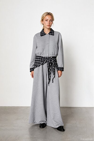 Quzu Gray Plaid Detailed Wide Leg Trousers