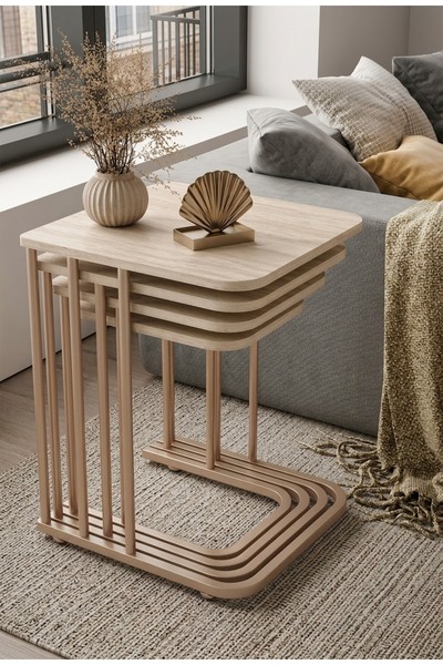 Nokta Sehpa Home Paris (TEKERLEKLİ ) 4lü CAPPUCİNO METAL TRAVERTEN TABLA ZİGO...