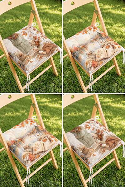 Home Sonbahar Yaprakları, Kitap ve Çaydanlık Figürlü Vintage Krem Zeminli 4'l...