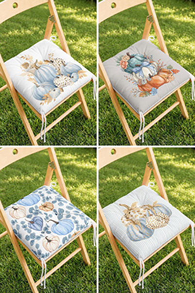 Home Kabak ve Çiçek Motifli Pastel Sonbahar Desenli 4'lü Pofidik Sandalye Min...