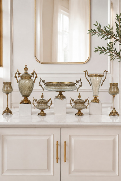 Hinora Ottoman Palace Eskitme Gold Cam Dekoratif Pirinç Konsol Seti – 7 Parça