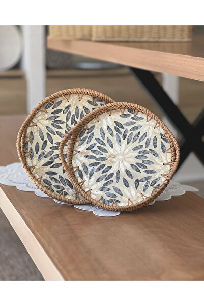 Mary's Concept Rattan Yuvarlak Sedefli Tepsi - 2'li Set 23 cm ve 20 cm