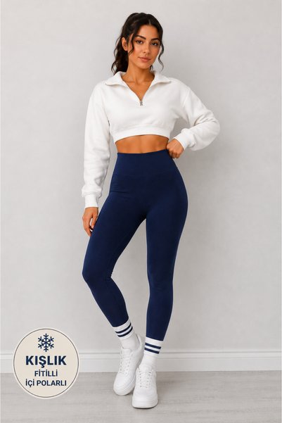 Butik Şımarık Women's Dark Blue High Waist Winter Fleece Lined Ribbed Leggings