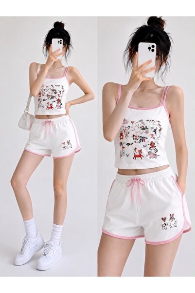 Weekeep Kadın Pembe Şeritli Çizgi Karakter Baskılı Crop Top ve Şort İkili Takım