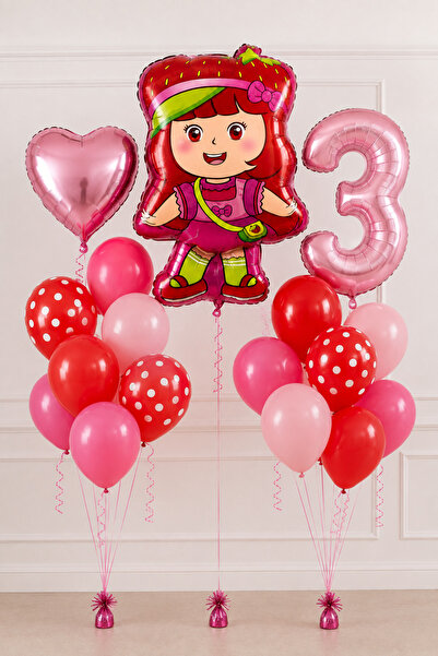 ALYA PARTİ 3 Yaş Çilek Kız Temalı Doğum Günü Balon Seti | Rakam Folyo + Pembe...