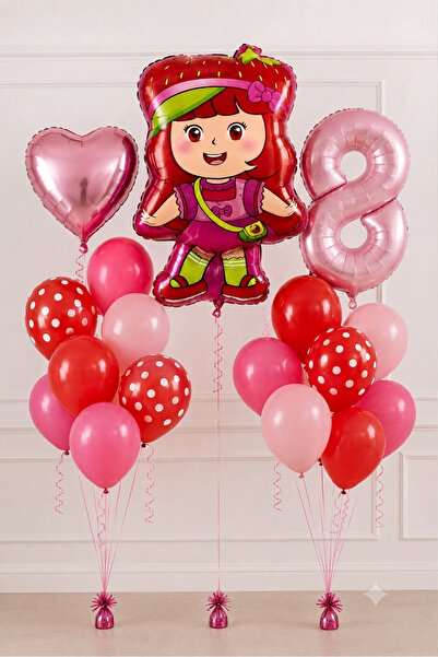 ALYA PARTİ 8 Yaş Çilek Kız Temalı Doğum Günü Balon Seti | Rakam Folyo + Pembe...
