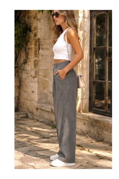 Butik Karaca Women's Kdife Corduroy Belt with Elastic Back, Palazzo Baggy Fit Pants