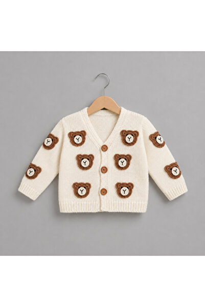bidunyabebe Hand-Knitted 1-Year-Old Baby Cardigan with Teddy Bear Figure