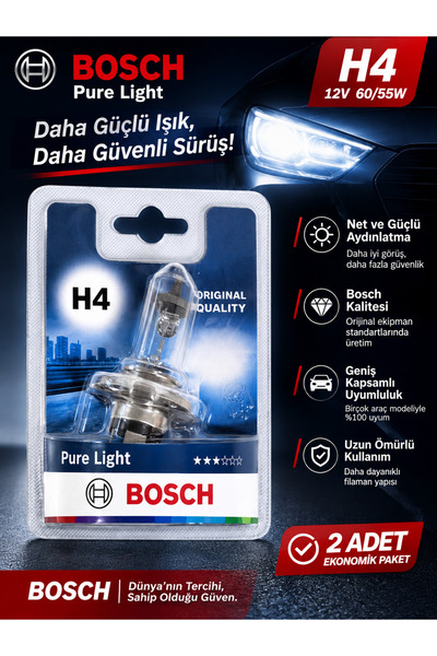 Bosch Pure Light H4 12V 60/55W Halojen Far Ampulü Orijinal Kalite 2 Adet Set