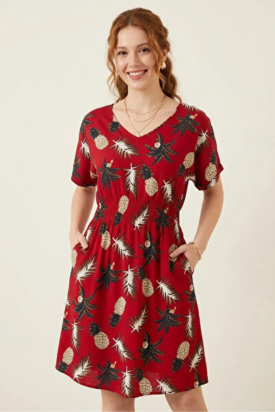 sharin Women's Patterned Summer V-Neck Midi Length Short Sleeve Dress 12C-2422
