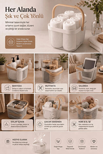 Tasarım Evi Beyaz Ahşap Saplı Kare Metal Tel Sepet Organizer Modern Dekoratif Sunum & Meyvelik