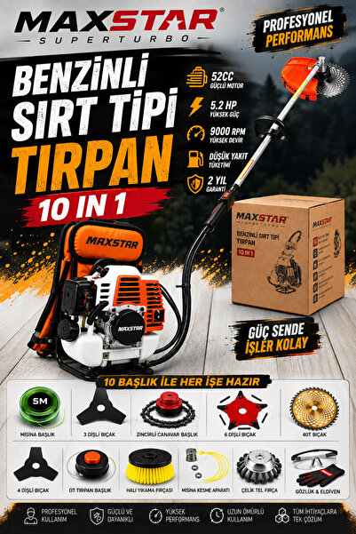 sweden one+ Maxstar 5.2HP Yeni Nesil Benzinli Sırt Tipi Tırpan 10IN1 – Ot Çim...