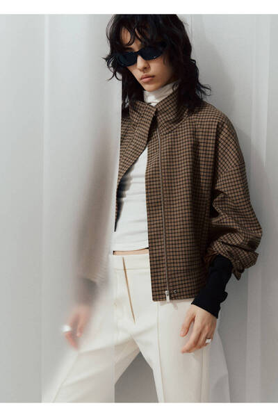 MANGO Woman Checked funnel-neck jacket
