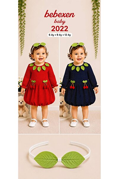 Özgün Baby Yaprak Yakalı Kiraz Desenli Penye Kumaşlı Uzun Kollu Bebek Elbise