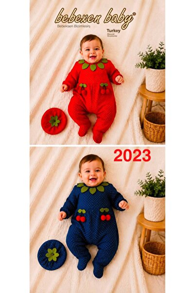 Özgün Baby Yaprak Yakalı ve Şapkalı Kiraz Desenli Penye Kumaşlı Bebek Tulum