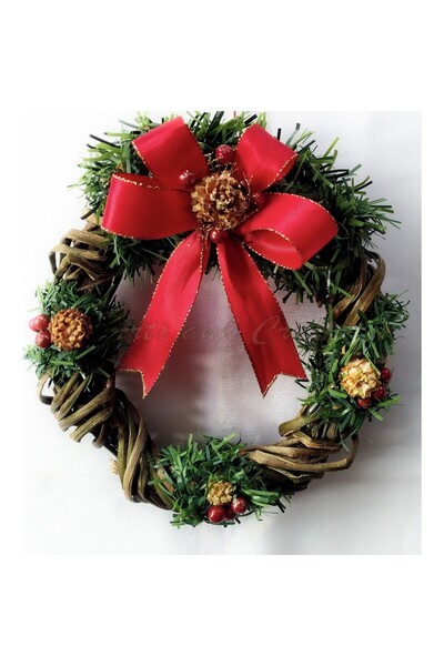 Handmade Wreath adorned with red bow and cones Ø20 cm