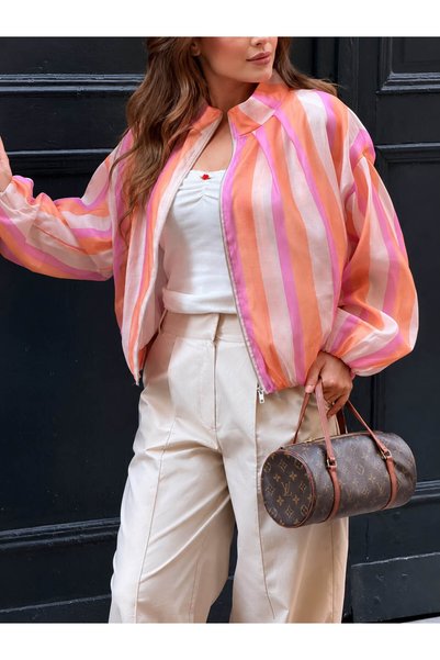 CELITA Women's Viscose Striped Multi-Colored Zippered Bomber Jacket
