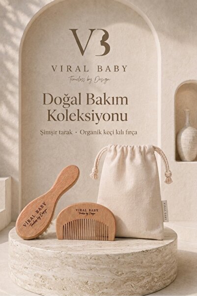 VIRAL BABY Organik Keçi Kılı Bebek Fırçası & Şimşir Tarak Seti – %100 Doğal K...