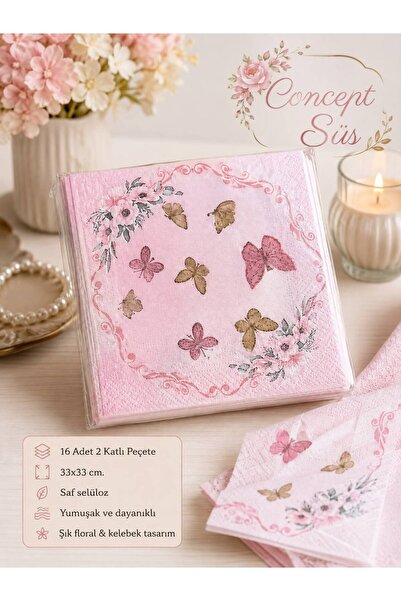 Dizayn Parti Evi Pembe Kelebek ve Çiçek Desenli Peçete 33x33 cm 2 Katlı 16 Ad...