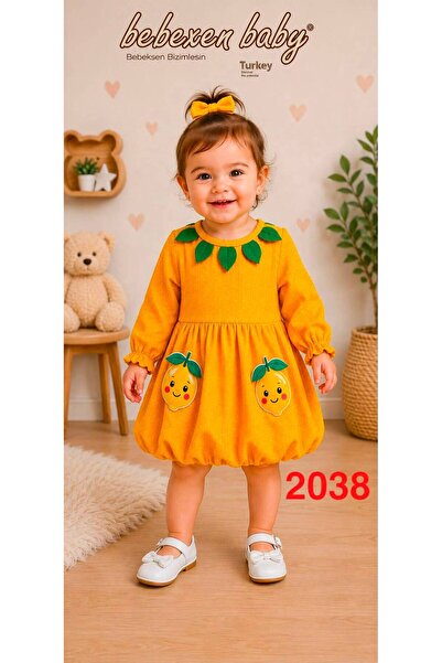 Özgün Baby Yaprak Yakalı Limon Desenli Penye Kumaşlı Uzun Kollu Bebek Elbise