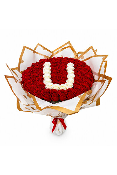 velve Buchet floral personalizat cu litera, din 65 trandafiri de sapun, Rosu-...