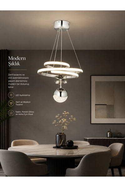 AVİZE Modern Krom LED Sarkıt Avize Halka Tasarımlı Şık Salon Yatak Odası Aydınlatma 3 Renk