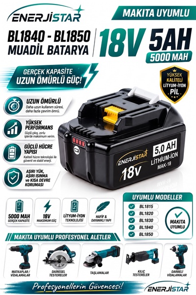 EnerjiStar BL1860B Li-Ion Yedek Akü 18V - 5,0 Ah Kaliteli Pil Tüm Mak uyumlu LXT Aletler İçin Uygun