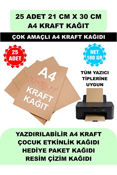 Uygun Kutu ve Ambalaj 25 Adet A4 Kraft Kağıt 21x30 100 Gr. Yazıcı Uyumlu, Vin...