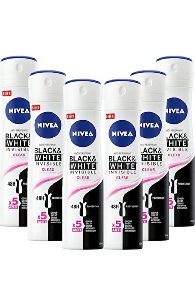 NIVEA Set 6 Antiperspirante Black&White Invisible Clear, Protecție 48h, 6x150ml