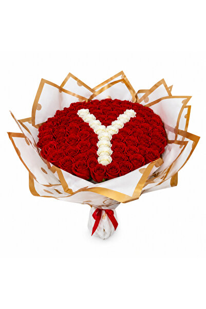 velve Buchet floral personalizat cu litera, din 65 trandafiri de sapun, Rosu-...