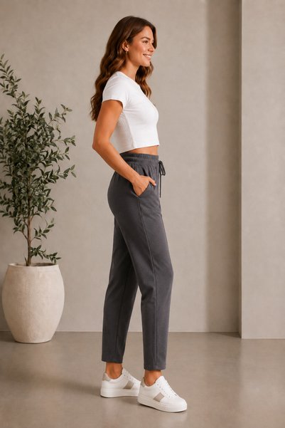 Dream Style Black Modal Fabric Balloon Model Ribbed Front Comfortable Fit Pants